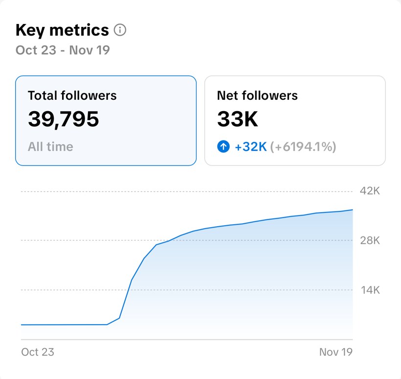 Sandcastle NYC TikTok follower curve, 39,795 total and 33K net new in 28 days